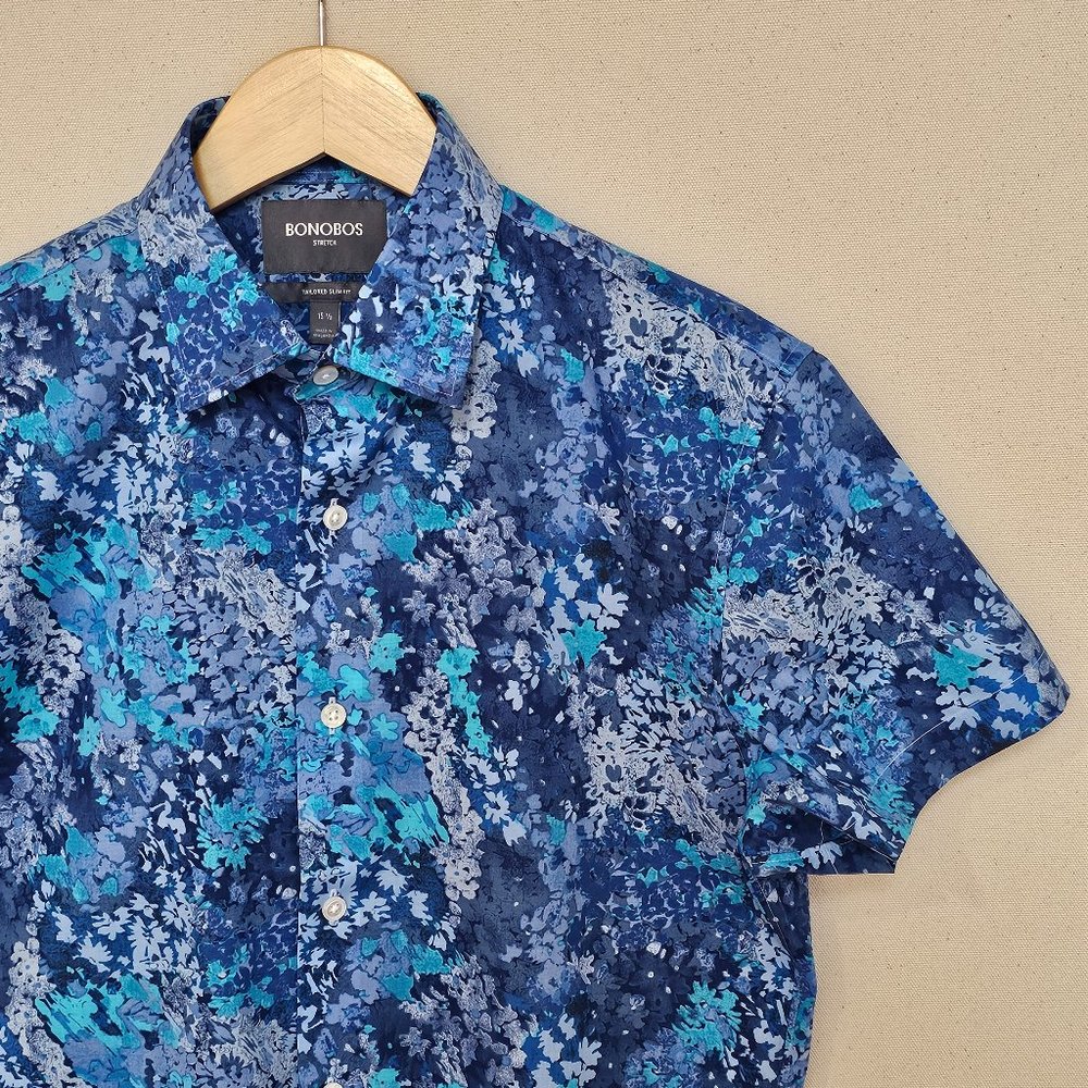 NWOT Bonobos Stretch Tailored Slim Fit Short Sleeve Button Down 15.5